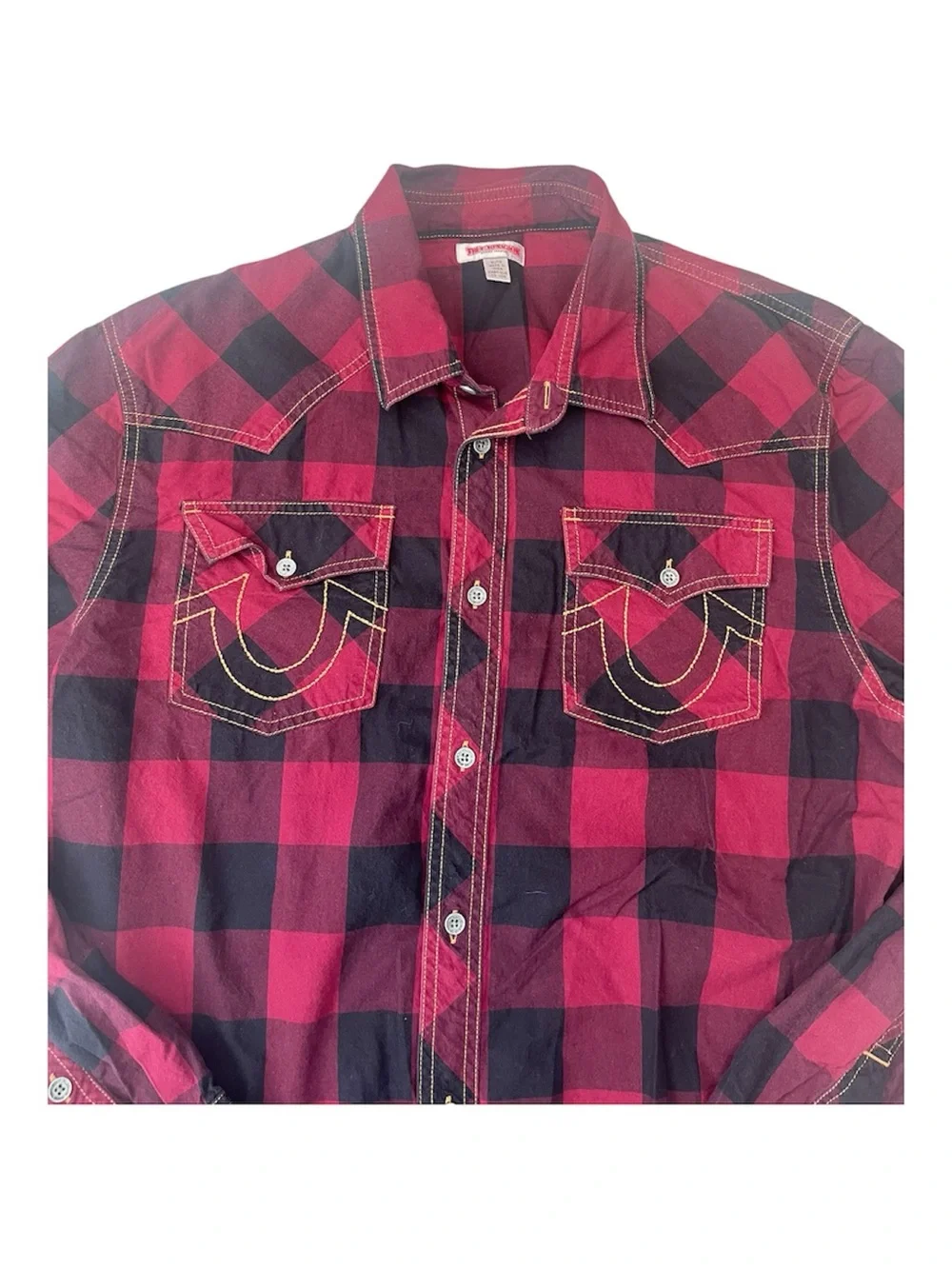 True Religion Men's Plaid Western Button Up Shirt -Red/Black Sz XL